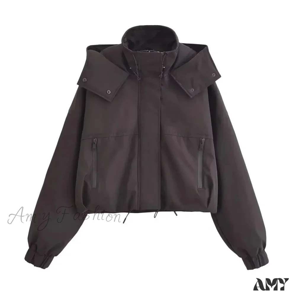 High Street Solid Turtleneck Hooded Long Sleeves Pocket Buttons Zipper Winter Short Coat - Image 7