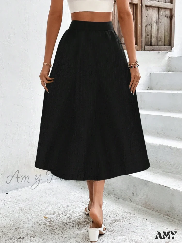 Amy Fashion - High Waist Button Detail Plisse A-line Skirt - Image 2