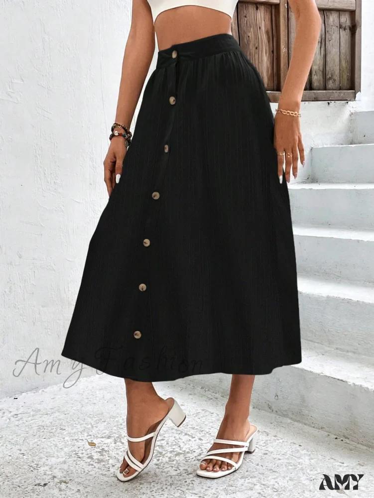 Amy Fashion - High Waist Button Detail Plisse A-line Skirt - Image 3