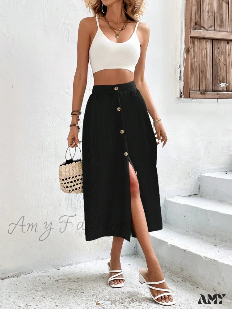 Amy Fashion - High Waist Button Detail Plisse A-line Skirt - Image 4