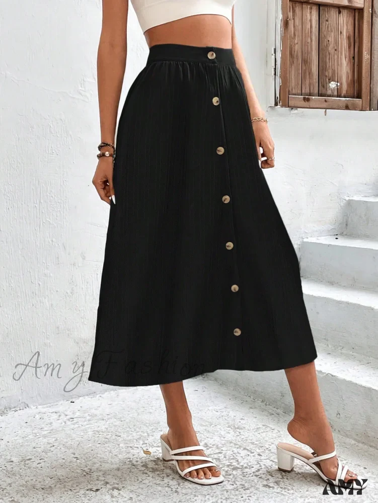 Amy Fashion - High Waist Button Detail Plisse A-line Skirt - Image 5
