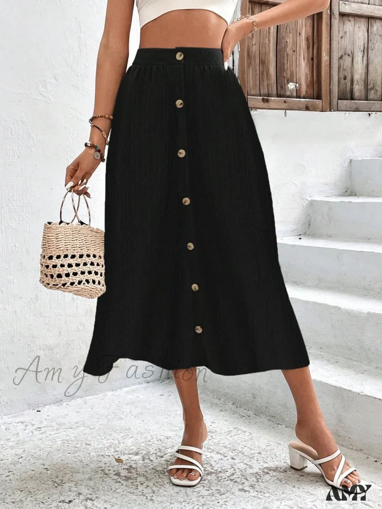 Amy Fashion - High Waist Button Detail Plisse A-line Skirt - Image 6