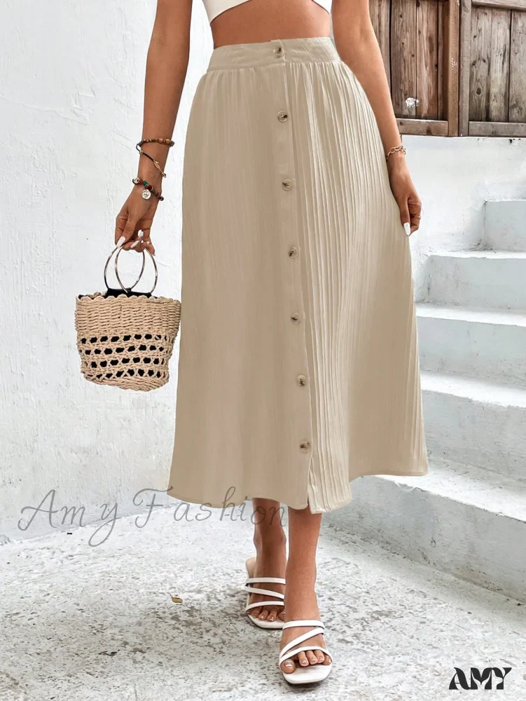 Amy Fashion - High Waist Button Detail Plisse A-line Skirt - Image 7