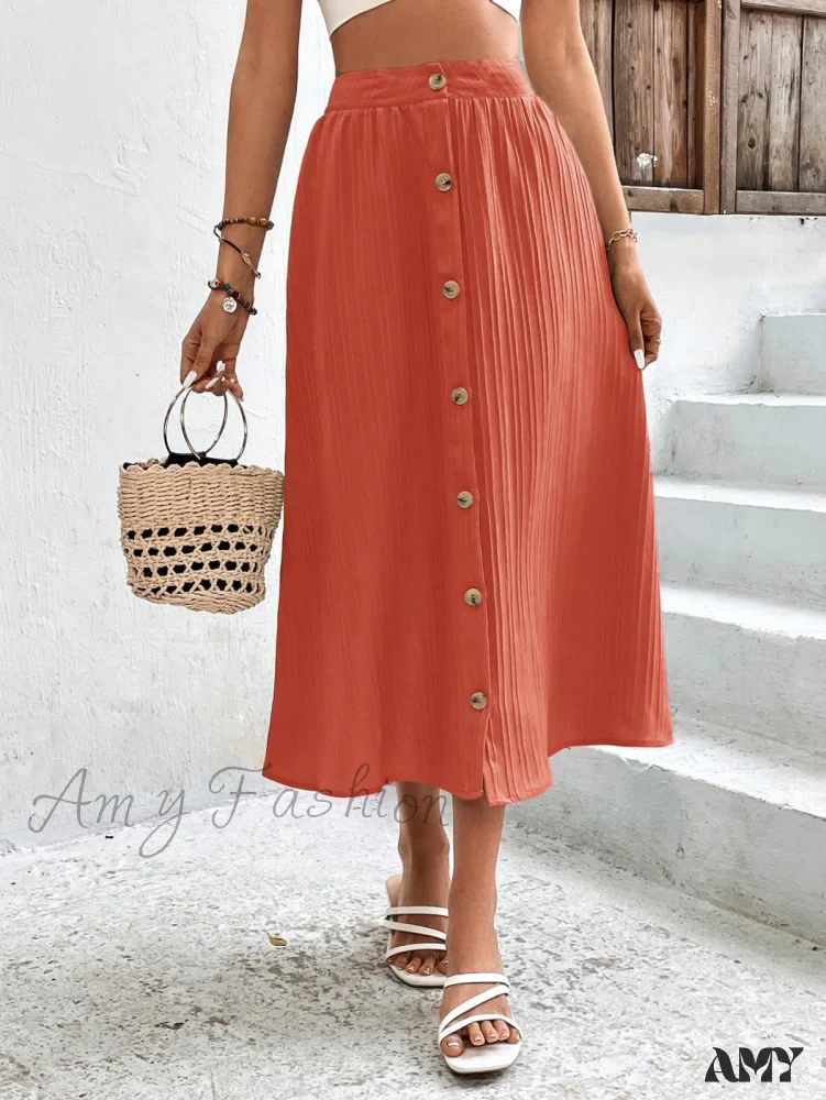 Amy Fashion - High Waist Button Detail Plisse A-line Skirt - Image 9