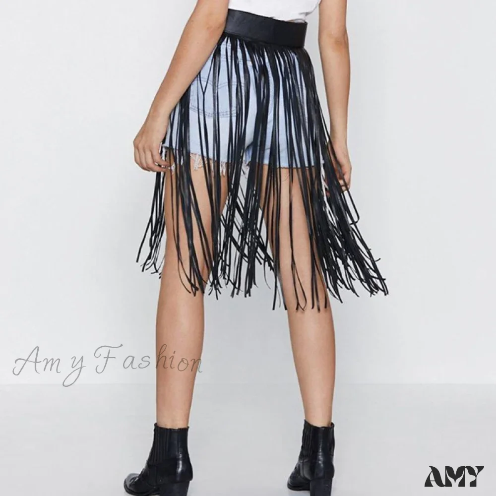 Amy Fashion - High Waist Faux Leather Fringe Tassels Skirt - Image 4