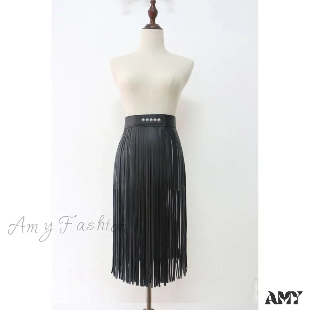Amy Fashion - High Waist Faux Leather Fringe Tassels Skirt - Image 5