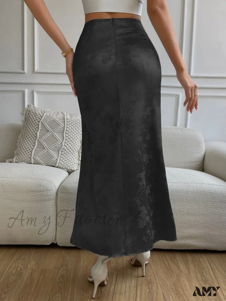 Amy Fashion - High Waist Jacquard Satin A-line Skirt - Image 2