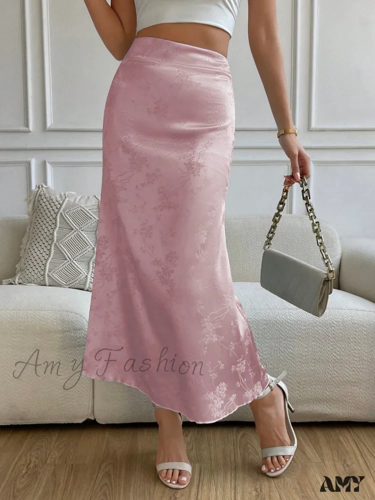 Amy Fashion - High Waist Jacquard Satin A-line Skirt - Image 8