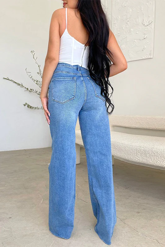 High-Waisted Ripped Wide-Leg Frayed Denim Jeans - Image 2