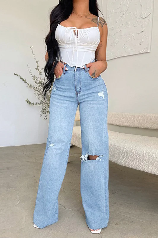 High-Waisted Ripped Wide-Leg Frayed Denim Jeans - Image 3
