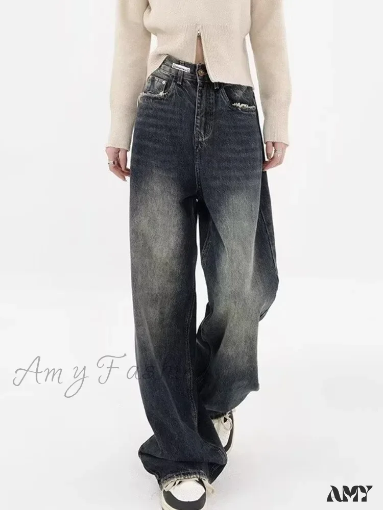 Amy Fashion - High Waisted Wide Leg Slim Ruffled Street Mop Jean