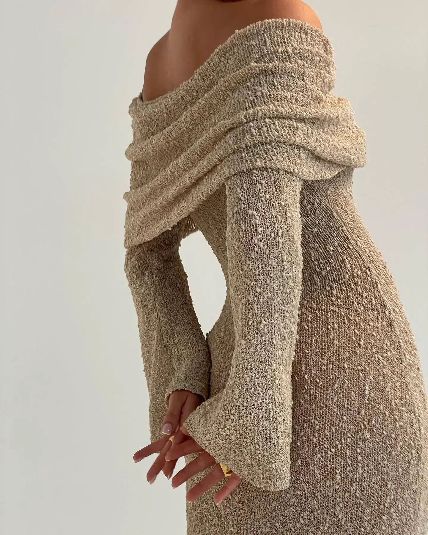 Hollow Knitted Off Shoulder Midi Dress - Image 3