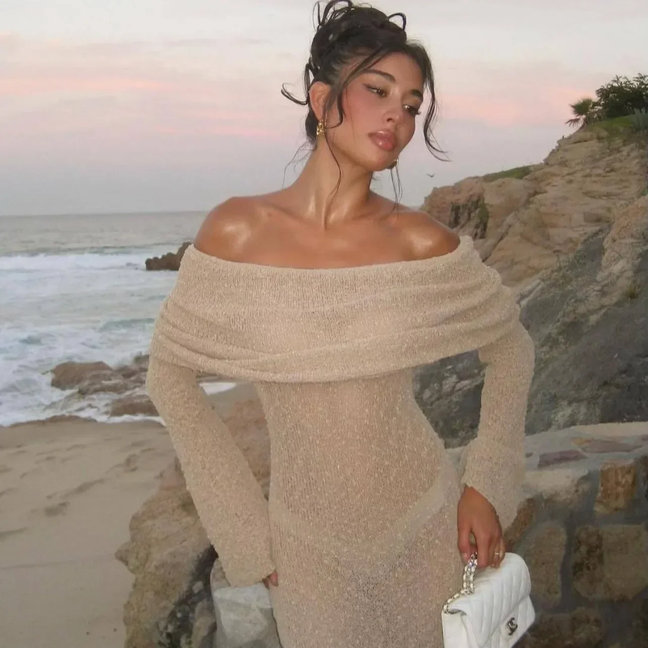 Hollow Knitted Off Shoulder Midi Dress - Image 4