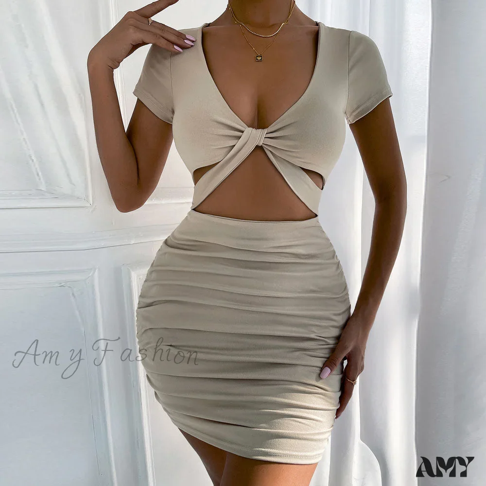 Amy Fashion - Hollow Out Solid Bodycon Dresses - Image 2