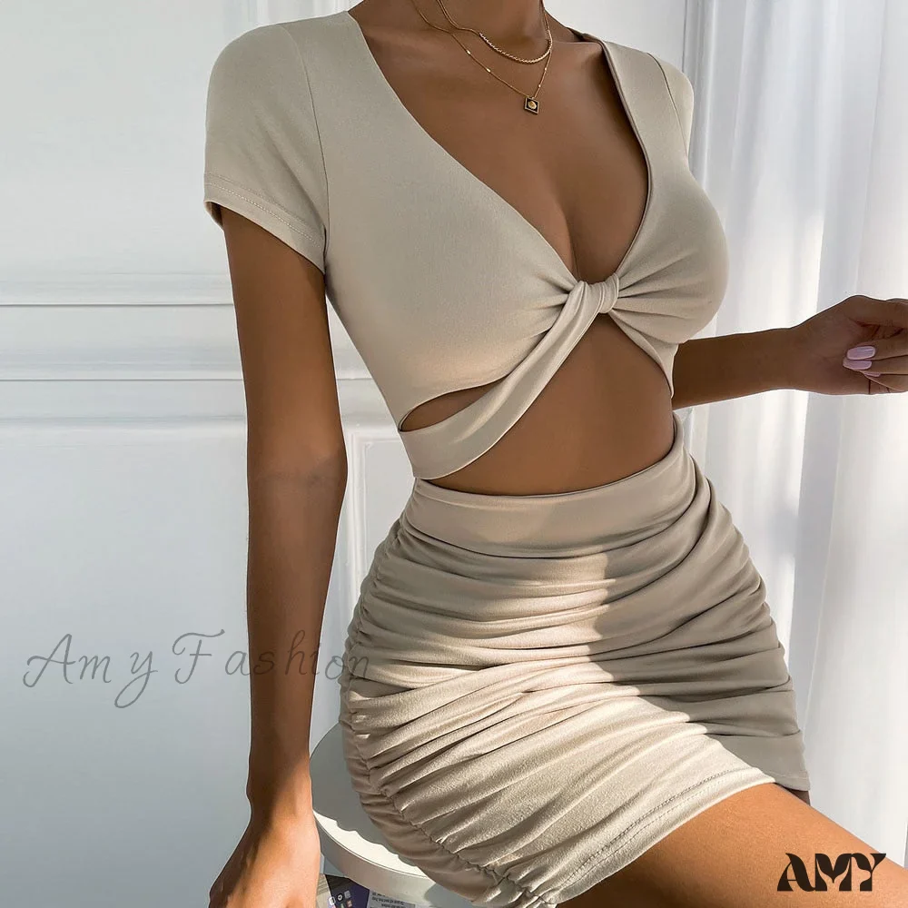 Amy Fashion - Hollow Out Solid Bodycon Dresses - Image 4