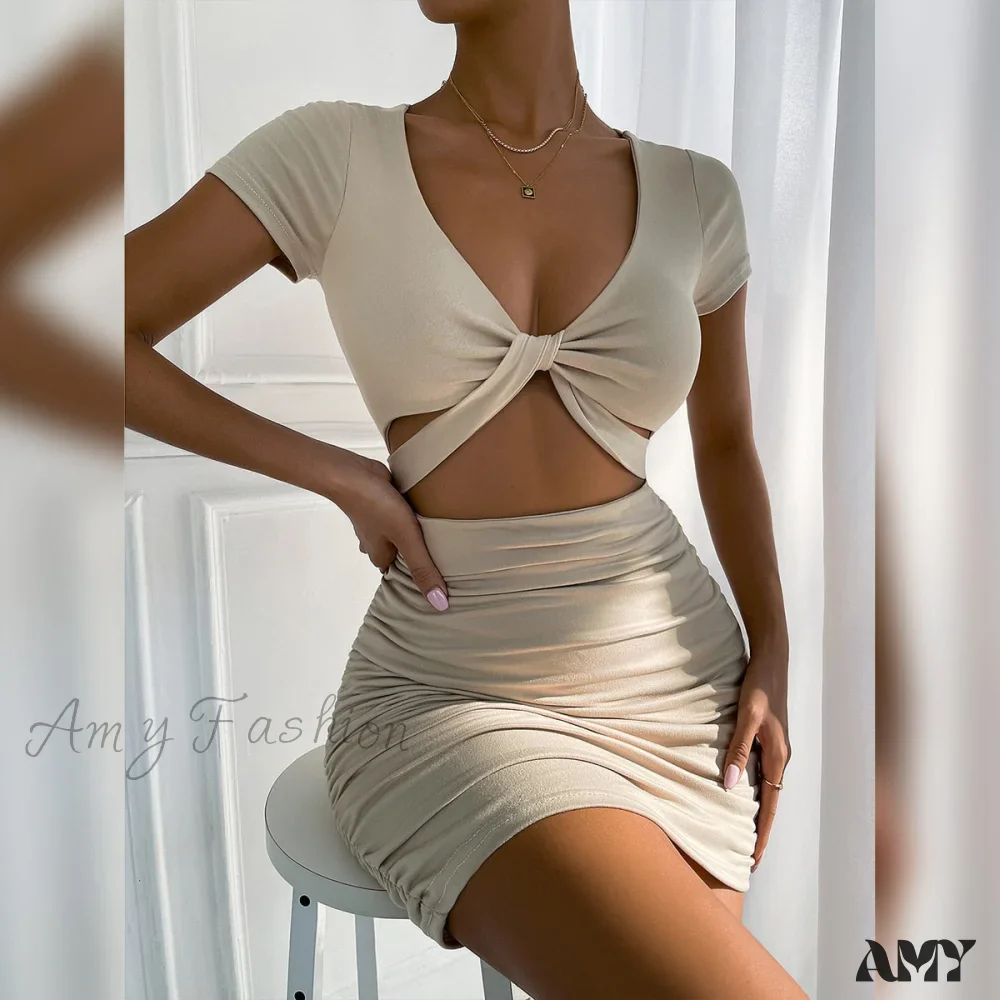 Amy Fashion - Hollow Out Solid Bodycon Dresses - Image 6