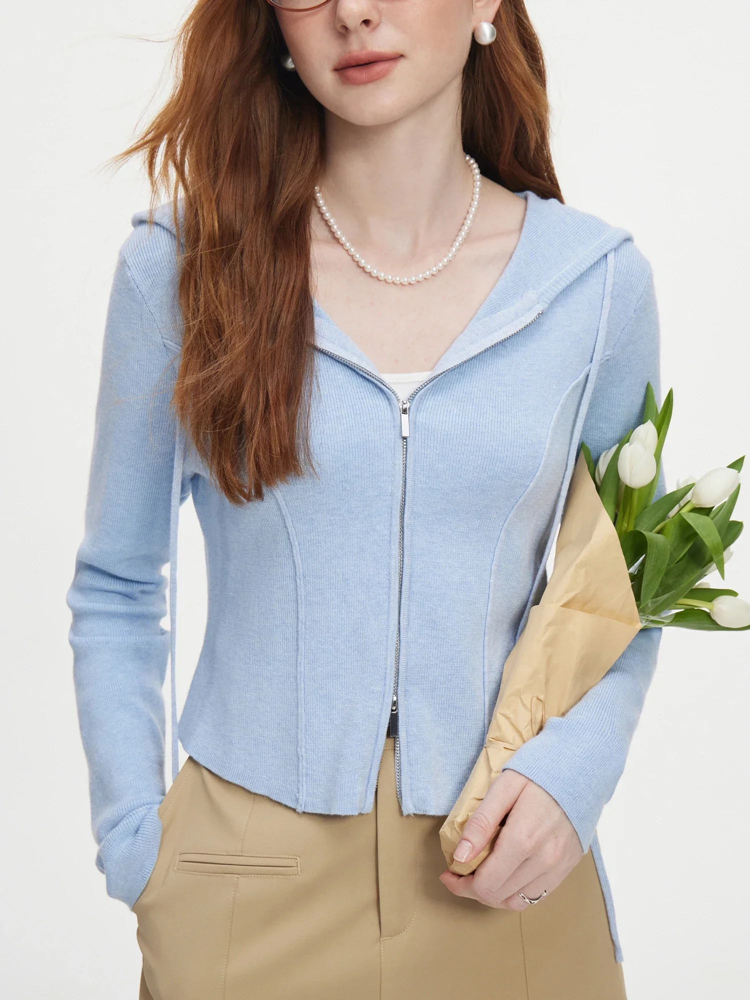 Hooded Herringbone Short Knit Cardigan