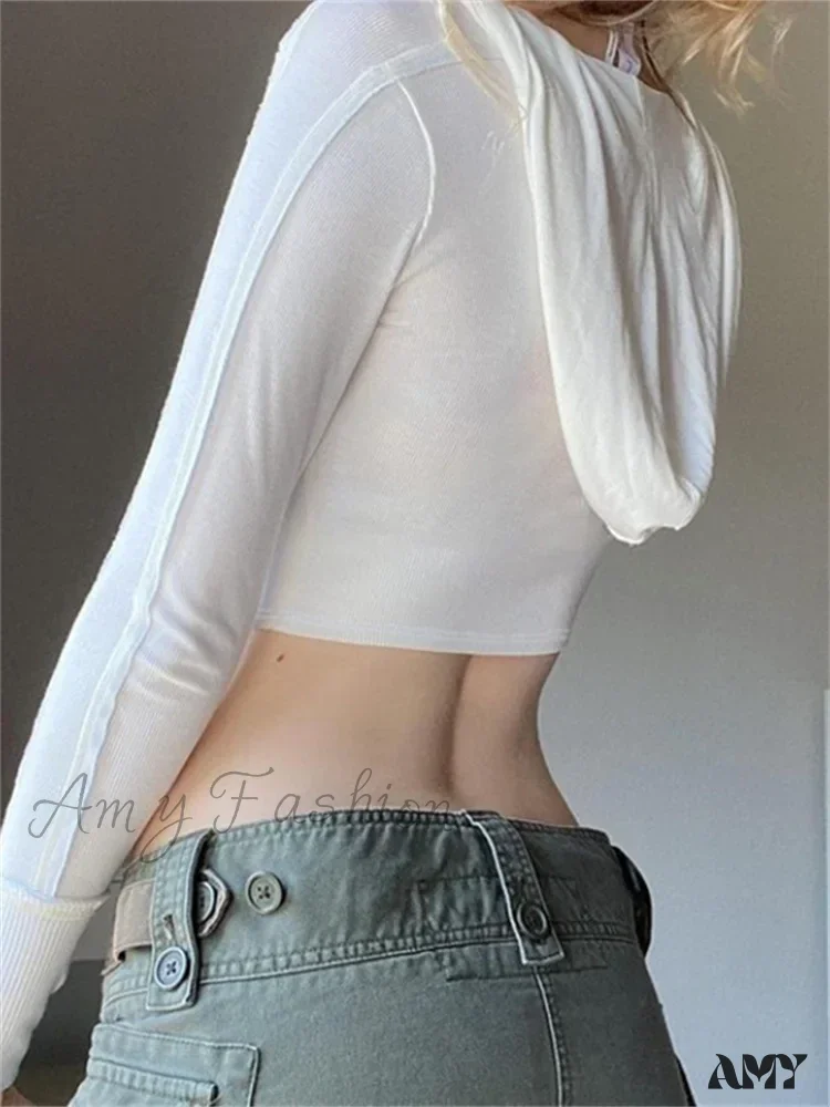 Amy Fashion - Hooded Ribbed Long Sleeve Deep V Neck Solid Color Slim Fit T-shirts - Image 2
