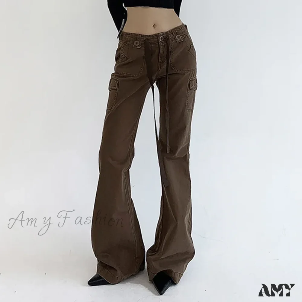 Industrial Style Buttons Lace Up Multi Pockets Cargo Vintage Brown Black Flare Jeans - Image 4