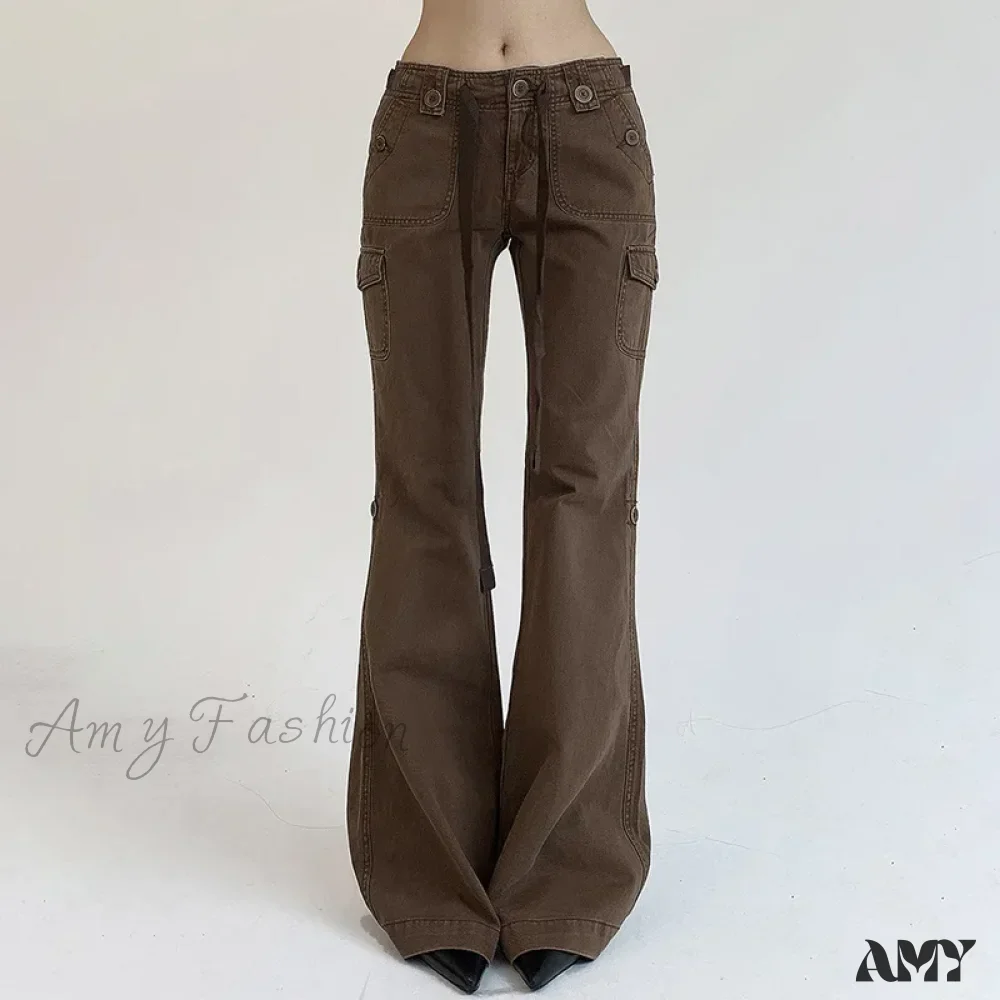 Industrial Style Buttons Lace Up Multi Pockets Cargo Vintage Brown Black Flare Jeans - Image 5