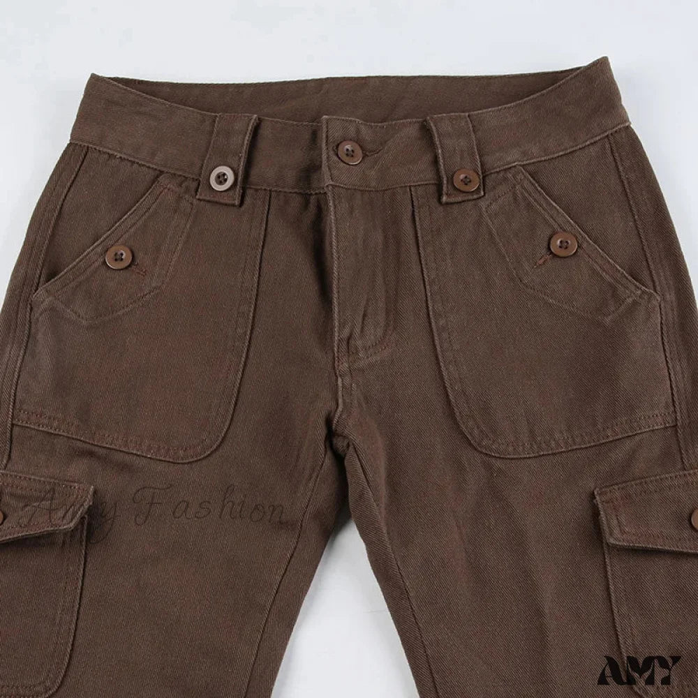Industrial Style Buttons Lace Up Multi Pockets Cargo Vintage Brown Black Flare Jeans - Image 6