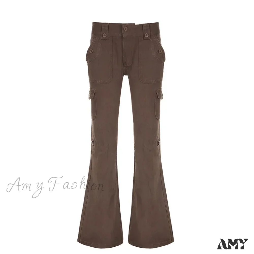 Industrial Style Buttons Lace Up Multi Pockets Cargo Vintage Brown Black Flare Jeans - Image 7