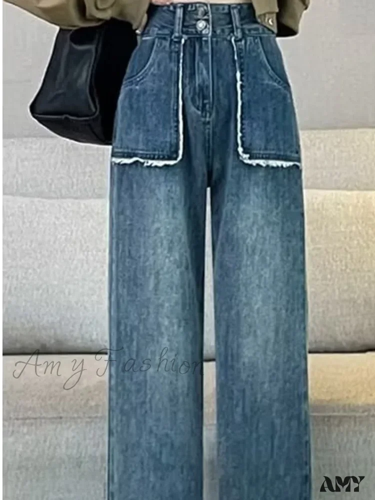 Amy Fashion - INS Versatile Light Color Thickened New Long Art Natural Waist Popular Spring And Autumn Jean