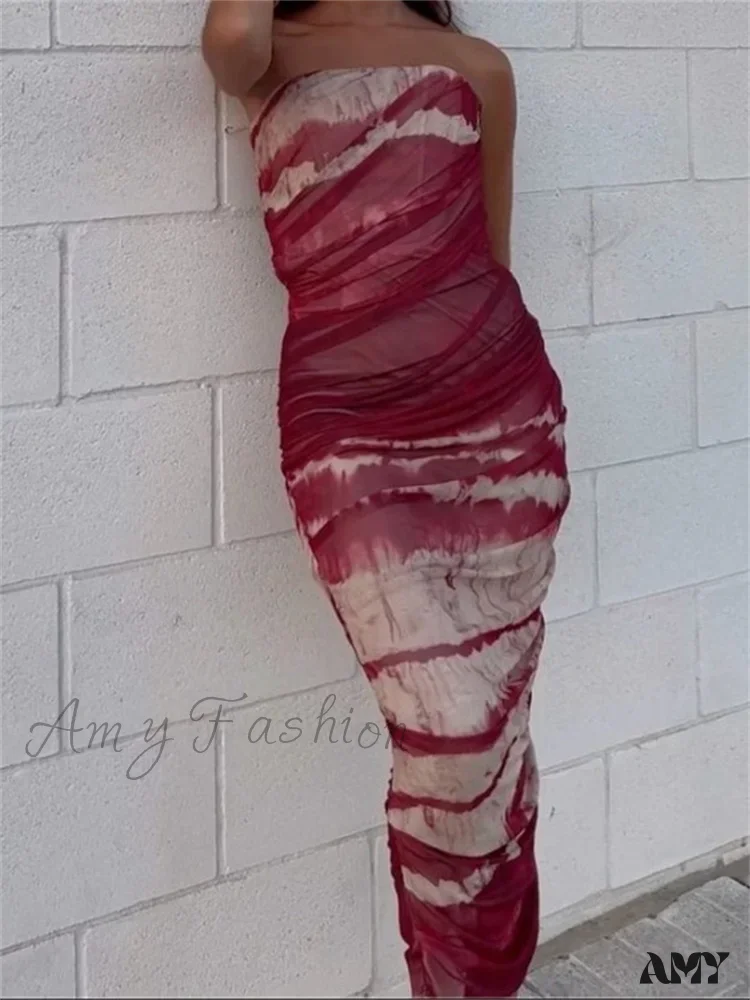 Amy Fashion - Irregular Tie Dyeing Print Tube for Women Summer Beach Party Clubwear Strapless Off Shoulder Ruched Dress