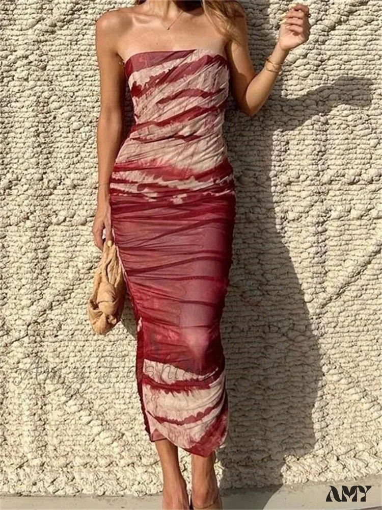 Amy Fashion - Irregular Tie Dyeing Print Tube for Women Summer Beach Party Clubwear Strapless Off Shoulder Ruched Dress - Image 2
