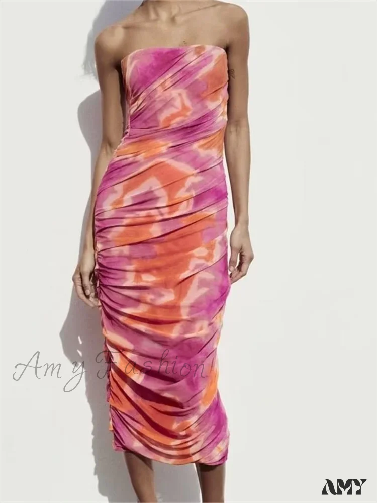 Amy Fashion - Irregular Tie Dyeing Print Tube for Women Summer Beach Party Clubwear Strapless Off Shoulder Ruched Dress - Image 4