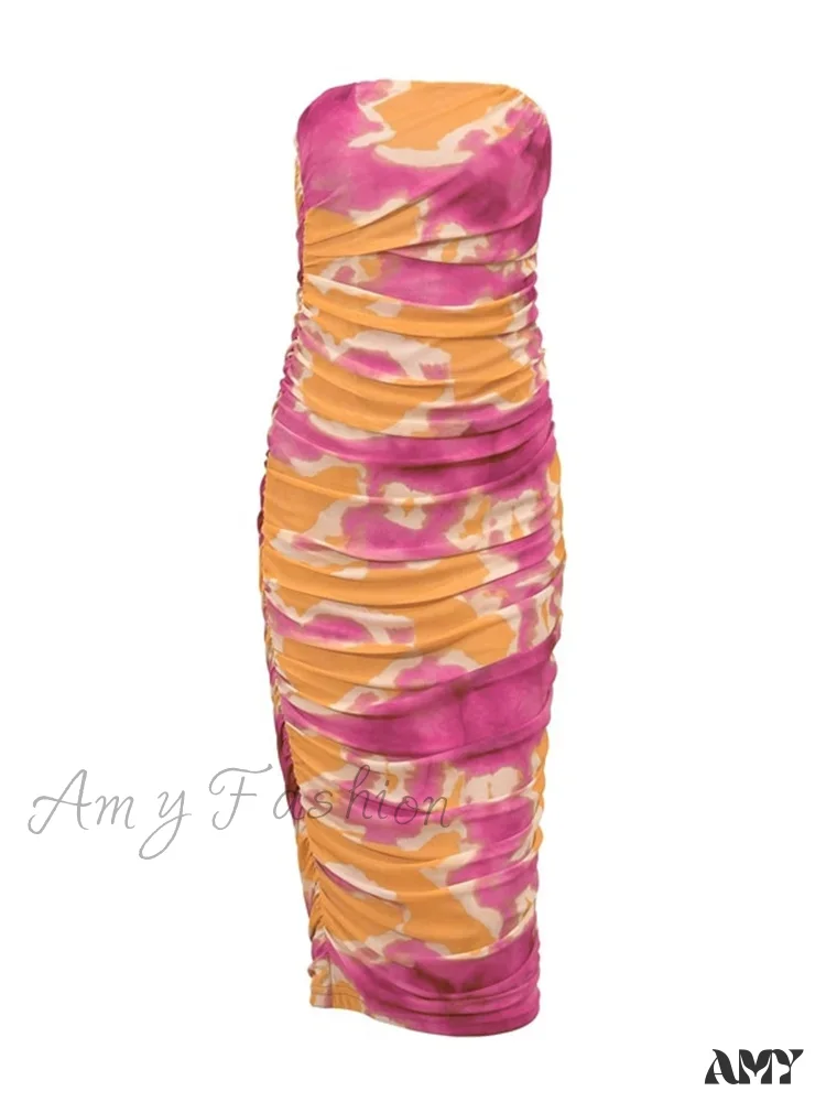Amy Fashion - Irregular Tie Dyeing Print Tube for Women Summer Beach Party Clubwear Strapless Off Shoulder Ruched Dress - Image 6