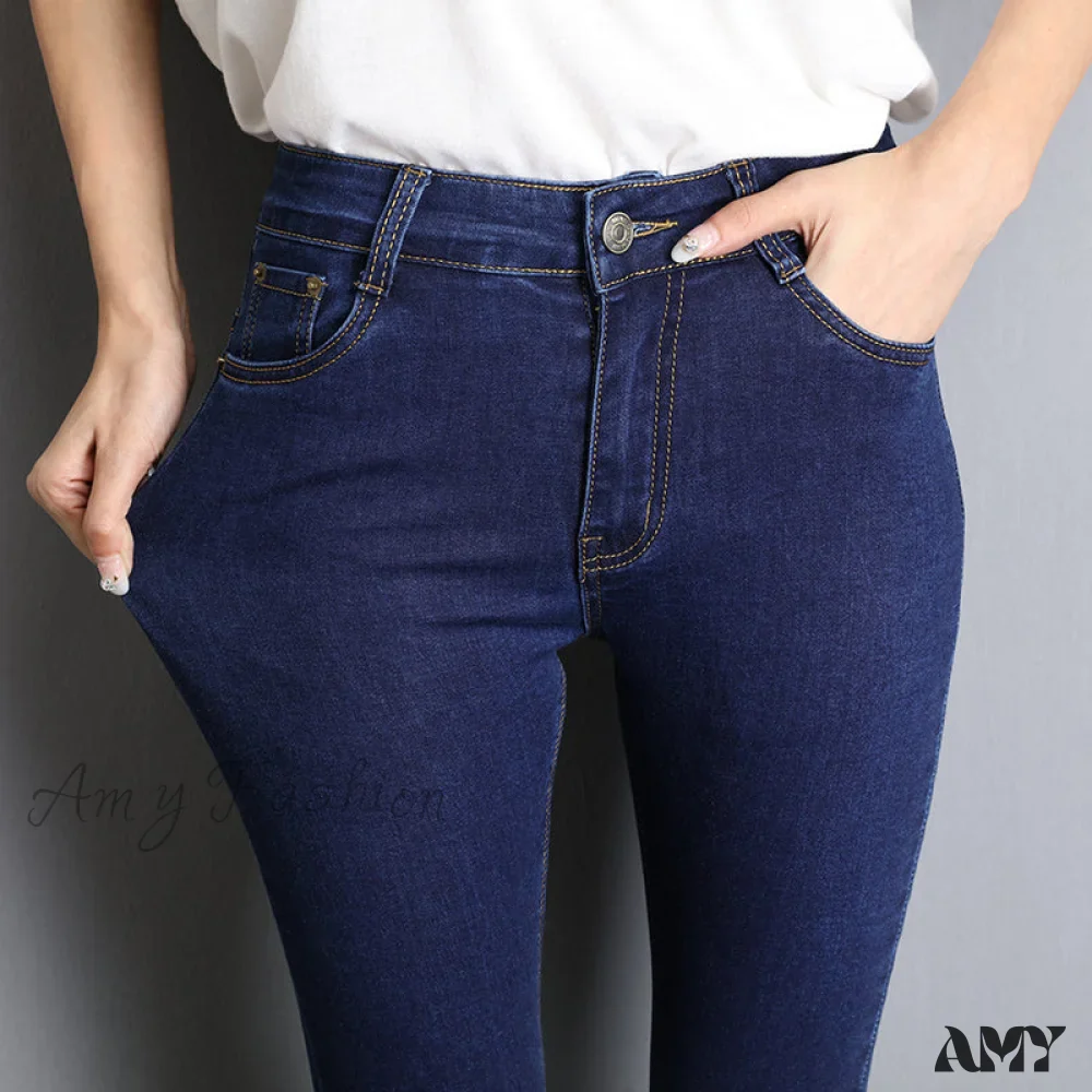 Amy Fashion - Blue Gray Black Woman High Elastic Jeans