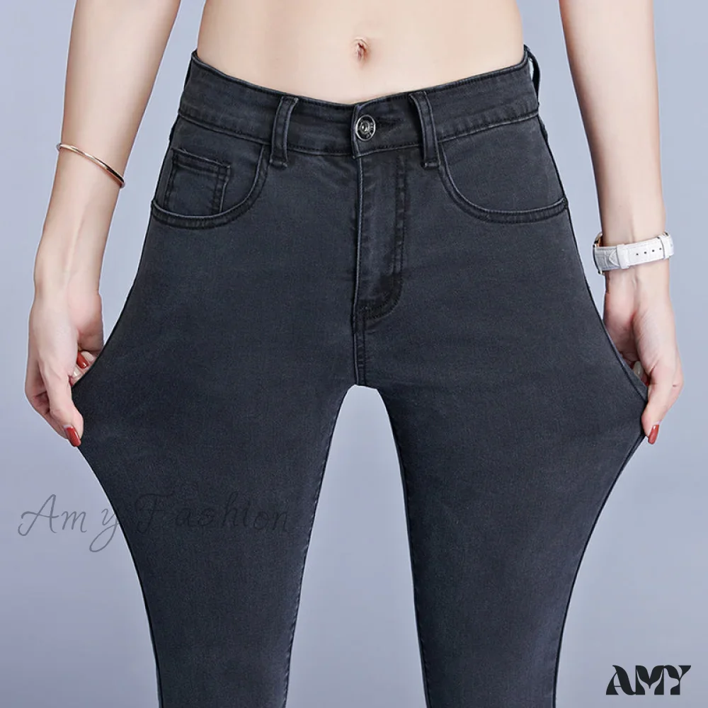 Amy Fashion - Blue Gray Black Woman High Elastic Jeans - Image 2