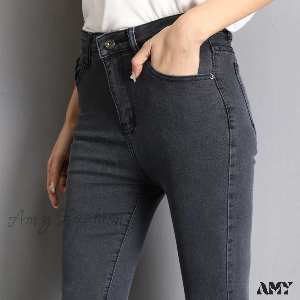 Amy Fashion - Blue Gray Black Woman High Elastic Jeans - Image 3