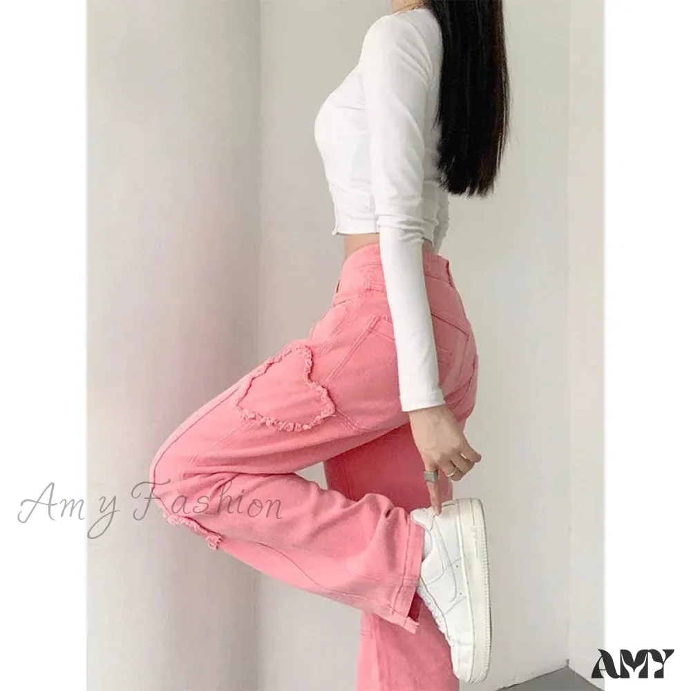 Amy Fashion - Y2K Cute Pink Heart Shape Jeans
