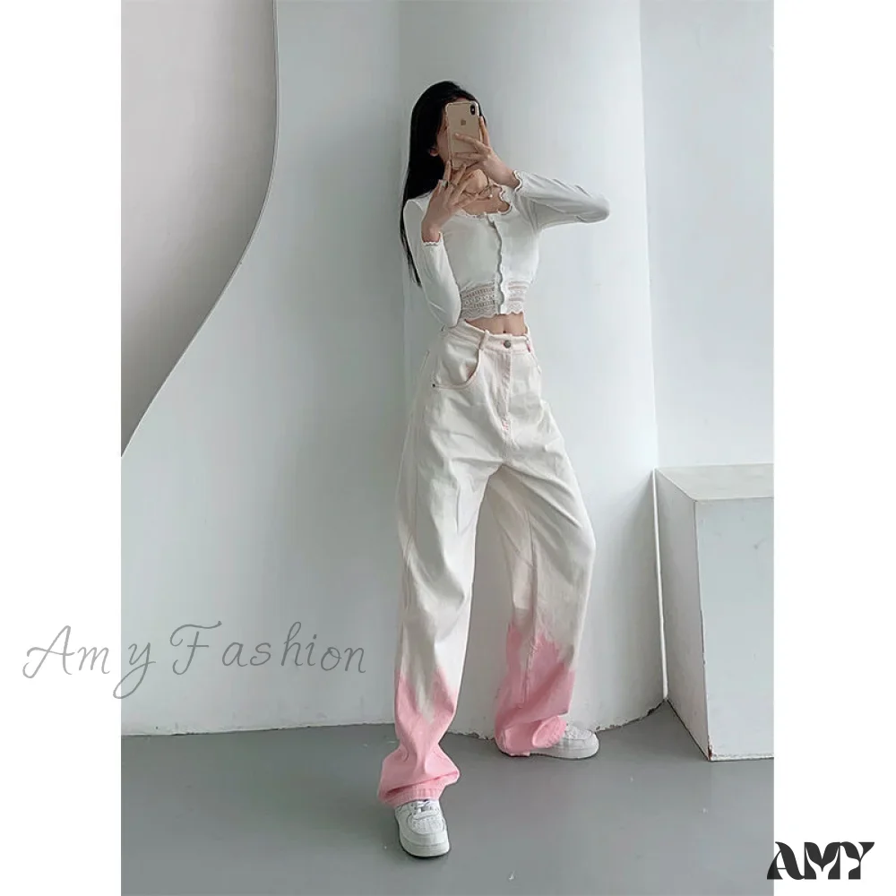 Amy Fashion - Cutie Girl Pink White Pencil Jeans - Image 2
