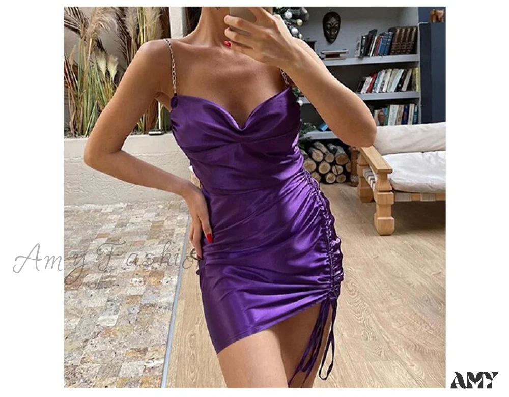Amy Fashion - Shiny Purple Sexy Pleated Mini Dress - Image 6