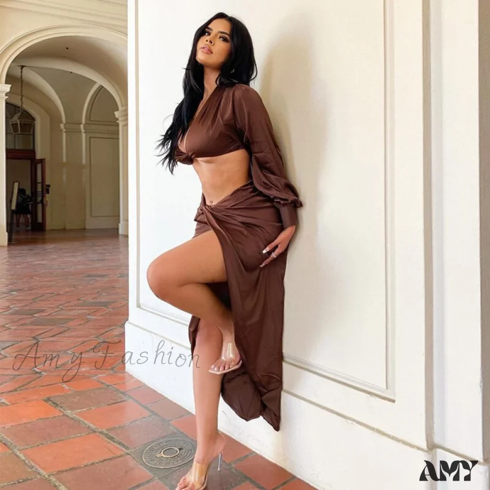 Amy Fashion - Crop Top High Split Long Skirts Two Piece Set - Image 19