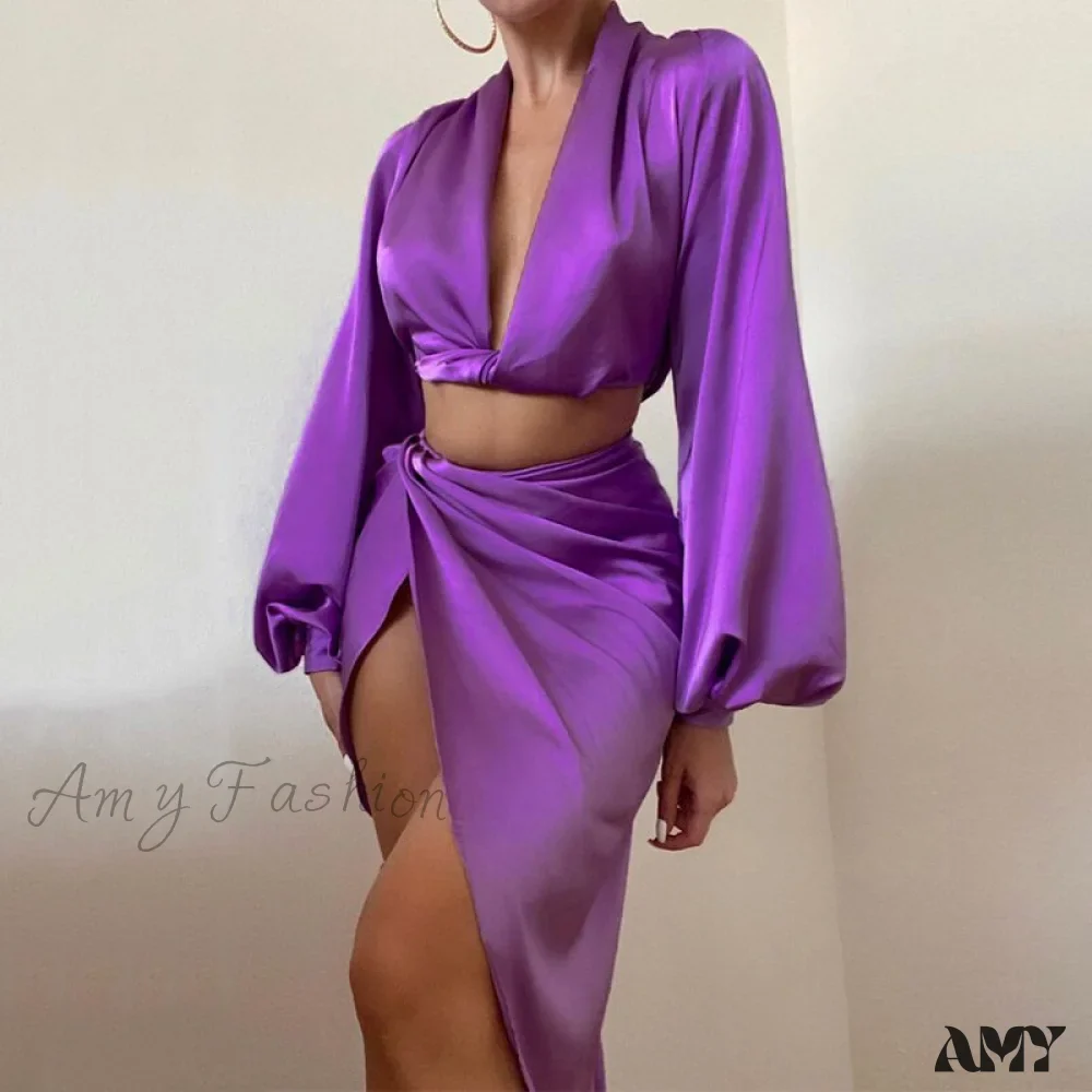 Amy Fashion - Crop Top High Split Long Skirts Two Piece Set - Image 2