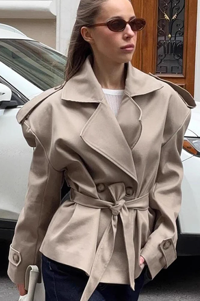 Khaki Lapel Belted Slim Long Sleeve Trench Coat - Image 3