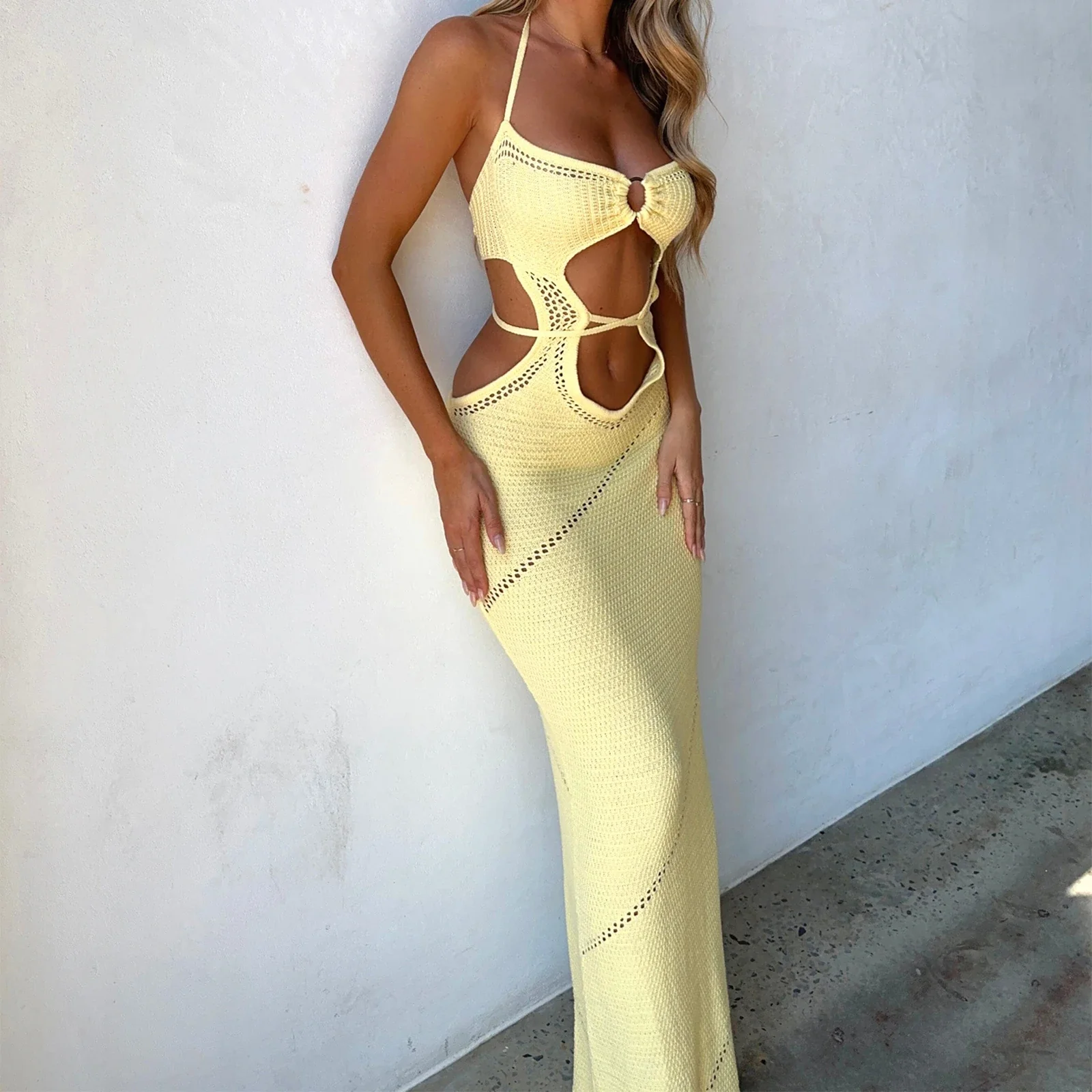 Knit Cutout Halter Slim Bodycon Dress - Image 2