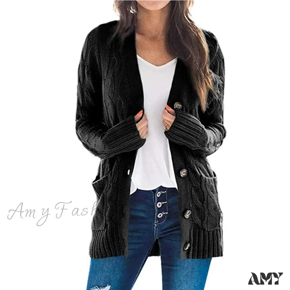 Amy Fashion - Women Knitted Cardigan Pockets Button Sweater Coat - Image 2