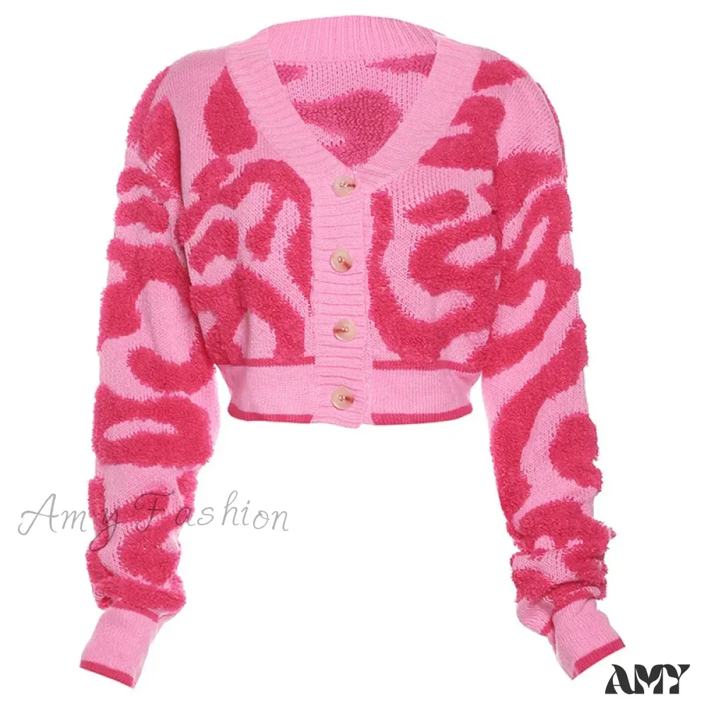 Knitted Color Patchwork Slim Short V Neck Long Sleeve Single Breasted Pink Casual Sweater - Image 4