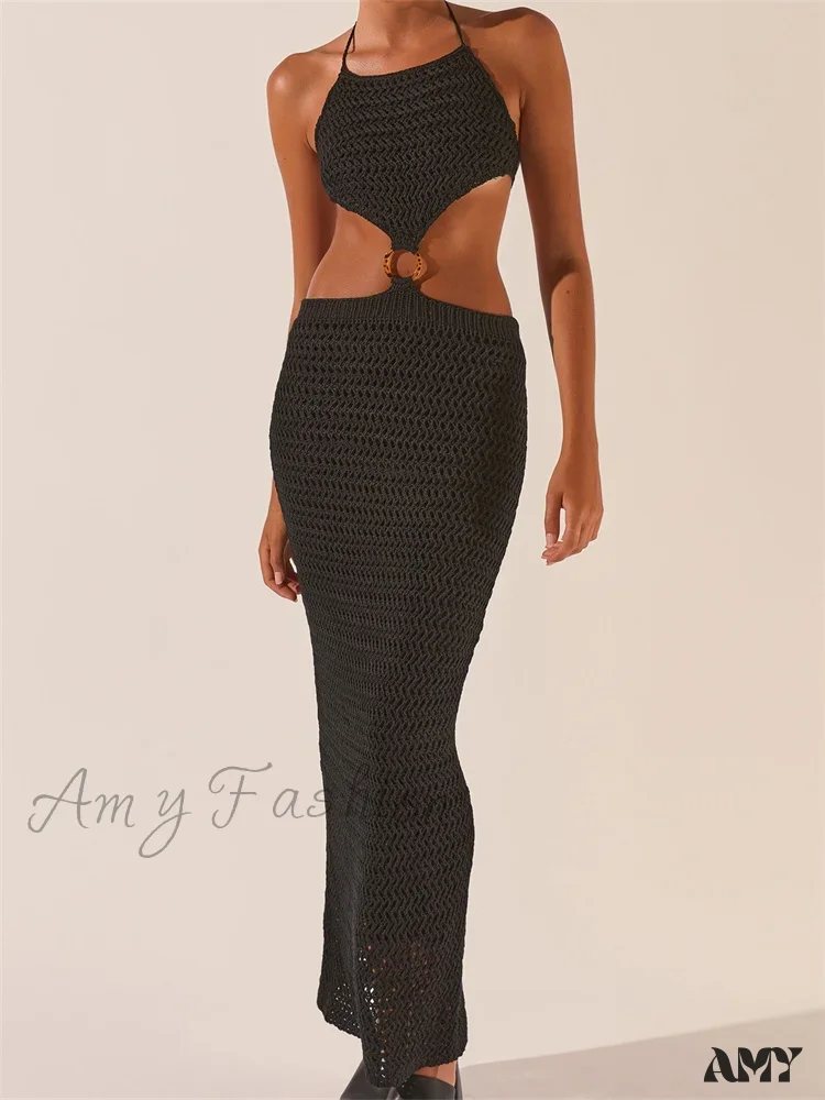 Amy Fashion - Knitted Halter Tie-up Backless Beach Clubwear Women Off Shoulder Hollow Out Slim High Waist Vestidos