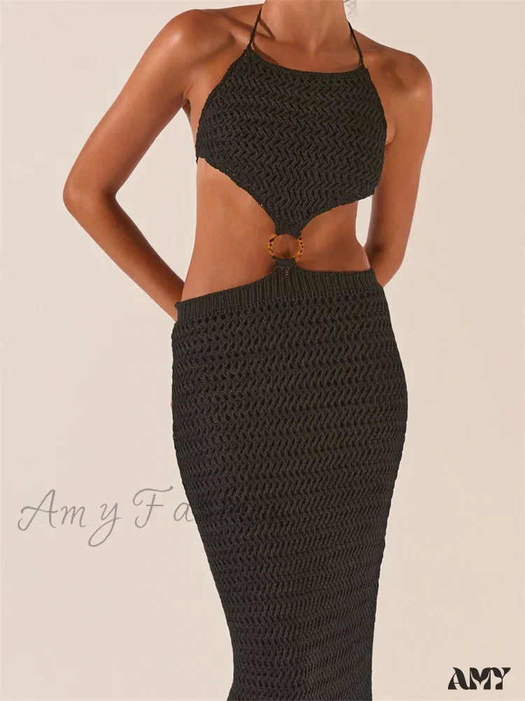 Amy Fashion - Knitted Halter Tie-up Backless Beach Clubwear Women Off Shoulder Hollow Out Slim High Waist Vestidos - Image 2