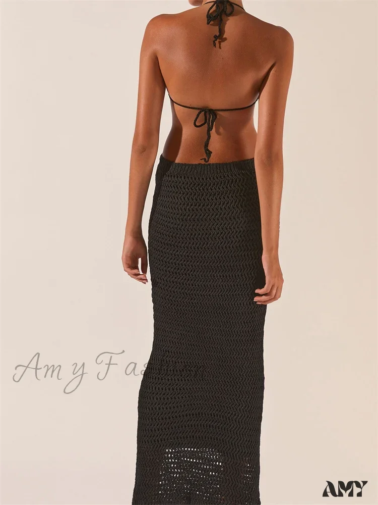 Amy Fashion - Knitted Halter Tie-up Backless Beach Clubwear Women Off Shoulder Hollow Out Slim High Waist Vestidos - Image 3