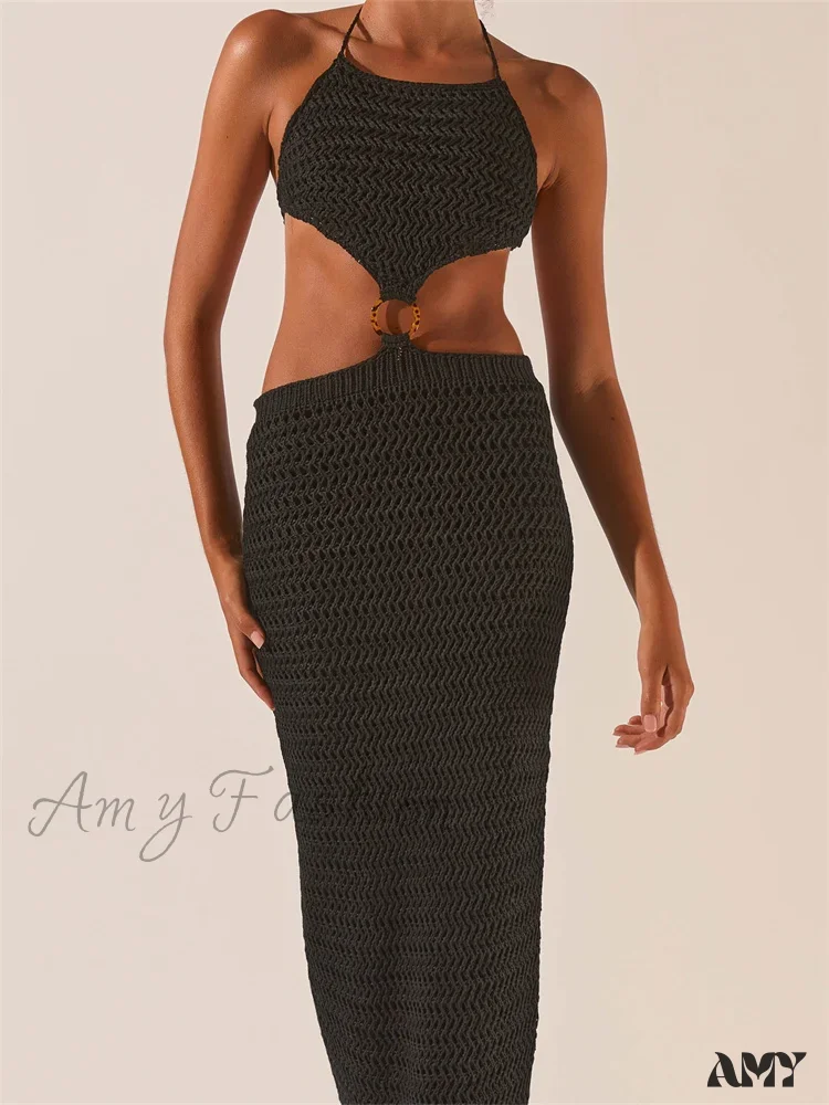 Amy Fashion - Knitted Halter Tie-up Backless Beach Clubwear Women Off Shoulder Hollow Out Slim High Waist Vestidos - Image 4