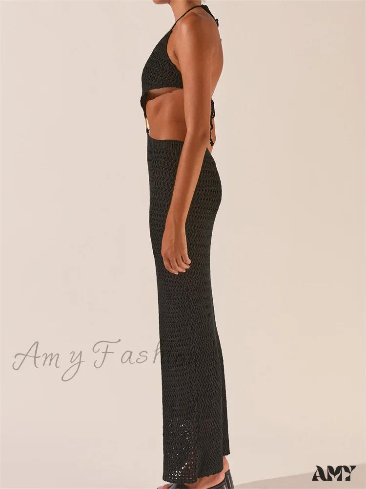 Amy Fashion - Knitted Halter Tie-up Backless Beach Clubwear Women Off Shoulder Hollow Out Slim High Waist Vestidos - Image 5