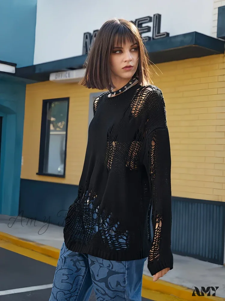 Knitted Hole Street Style Solid Color Loose Design Breathable Sweater - Image 2