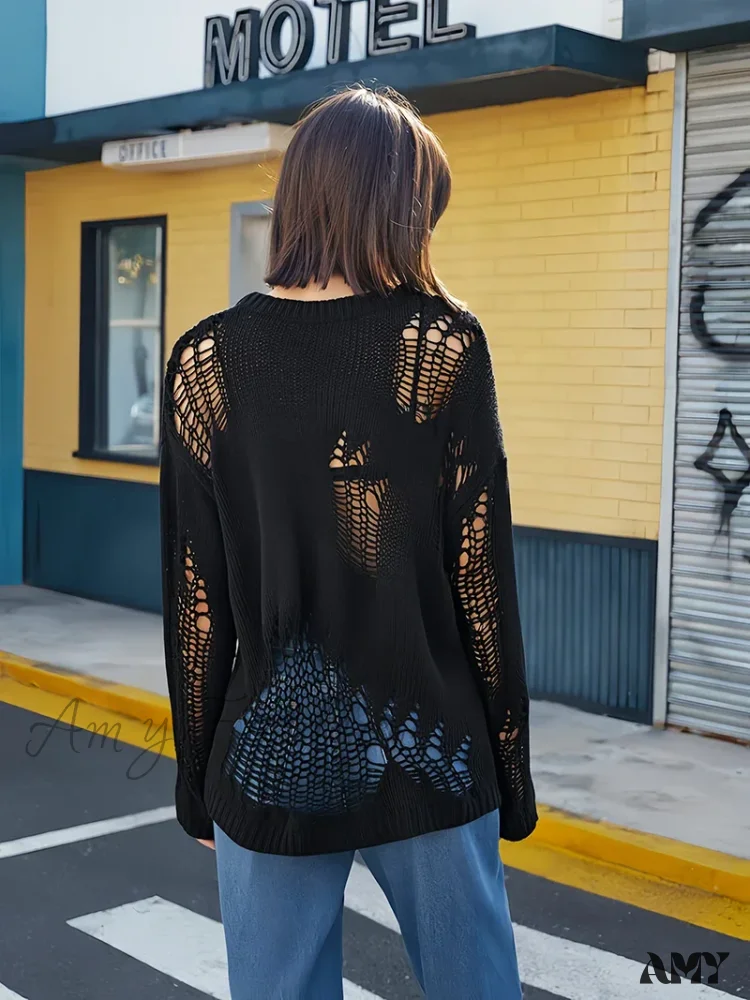 Knitted Hole Street Style Solid Color Loose Design Breathable Sweater - Image 3